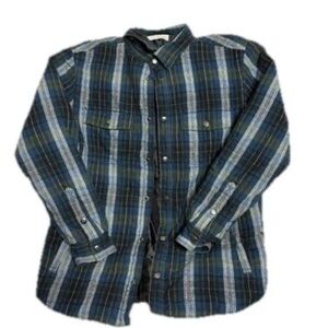 Old Ranch Miles Organic Flannel Shirt Lined Quilted Blue Green Snap Large